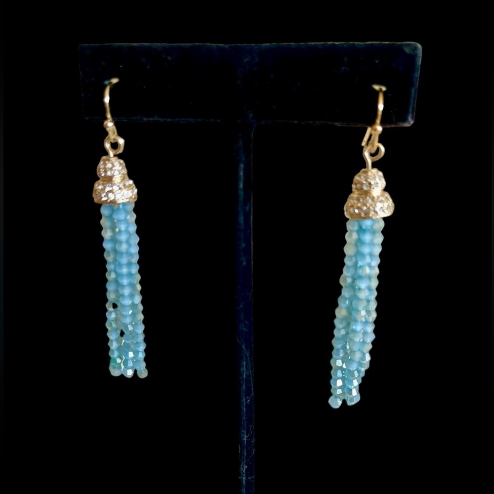 BOUTIQUE ITEM- BLUE BEADED DROP EARRINGS WITH GOLD TONE AND RHINESTONE ACCENTS